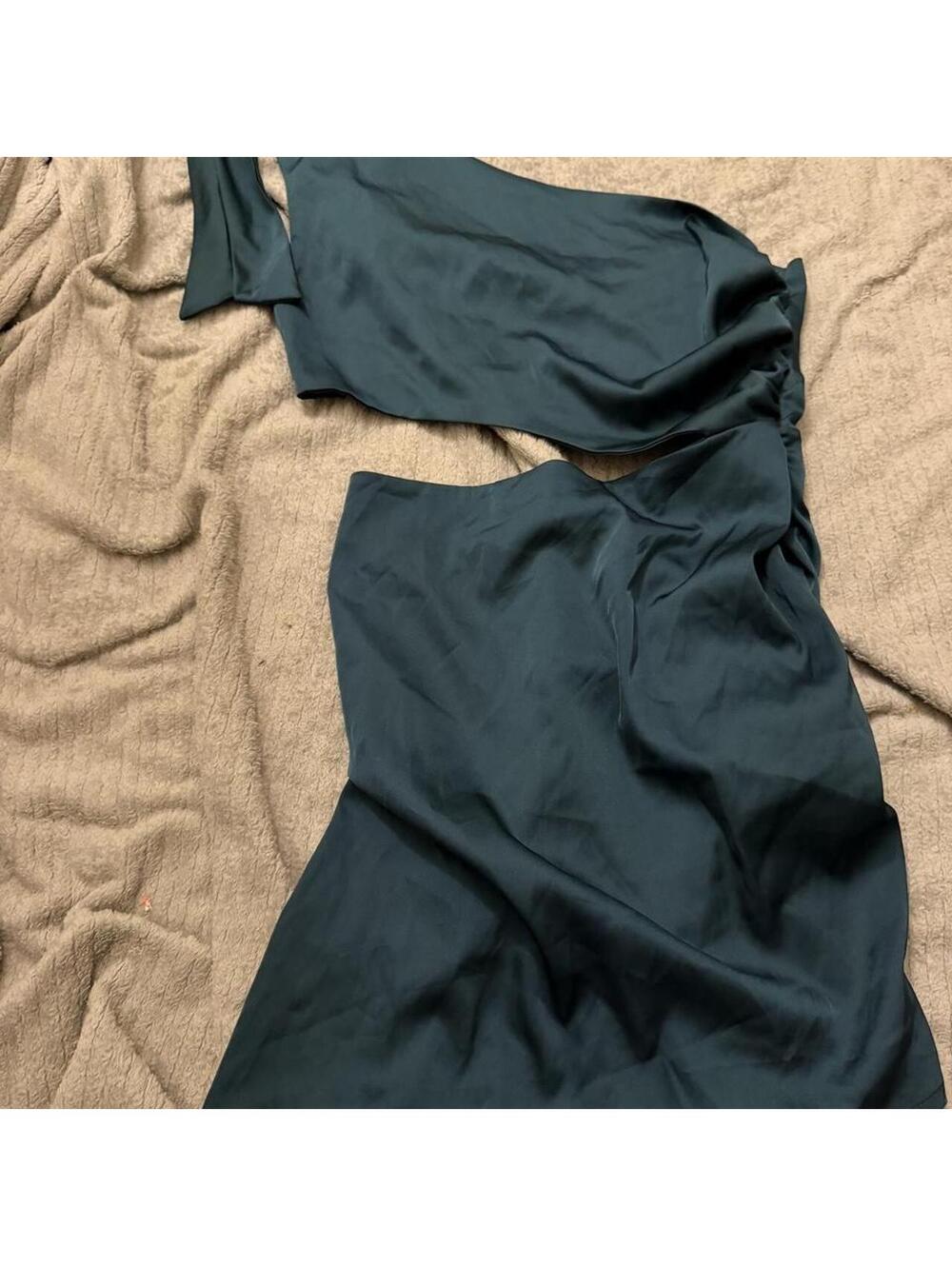 Shein X Dark Green Satin One-Shoulder Dress Size S